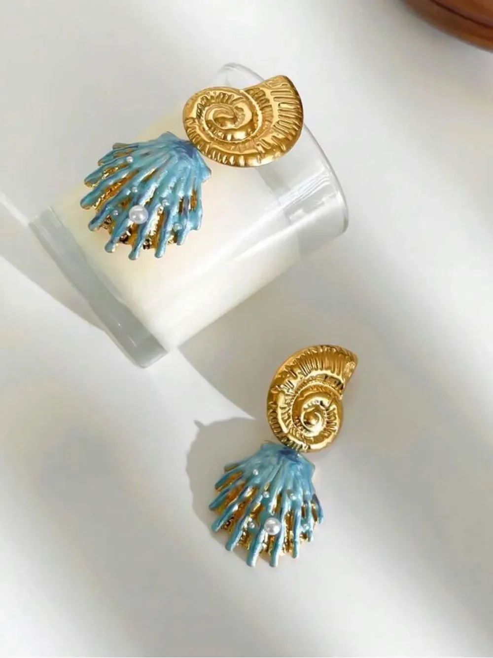 Gold and Turquoise Shell Drop Earrings R717 - Picture 3 of 3